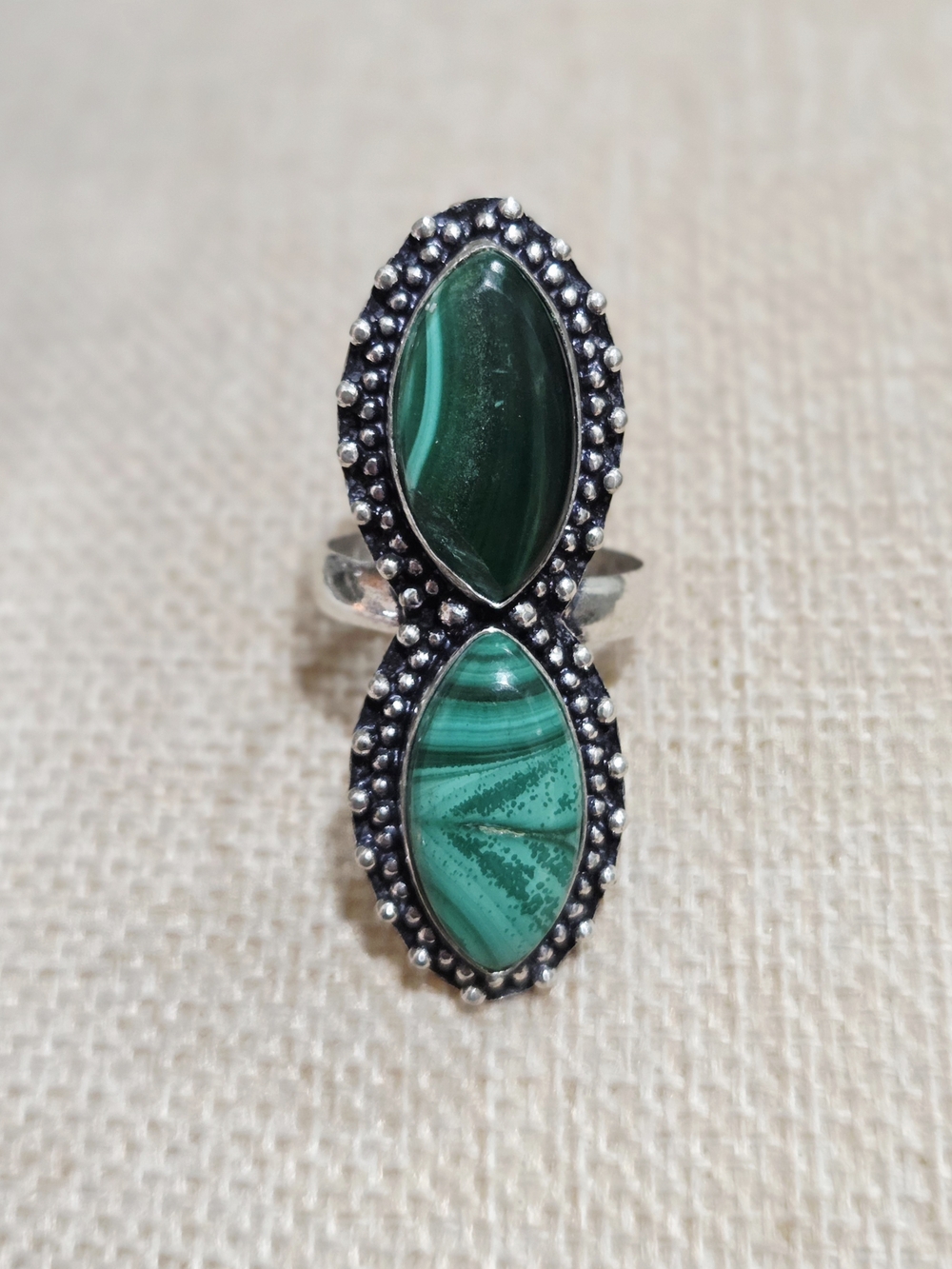 Sterling Silver Double Marquise Malachite Ring - Green